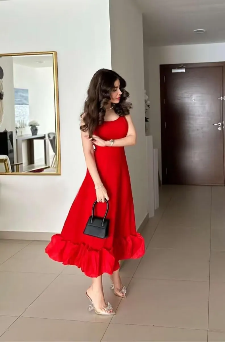 Women's Midi Prom Dresses Flounce Bustier Trim Ruffle Formal Evening Party Dress Tea Length 2025