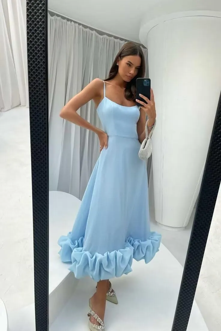 Women's Midi Prom Dresses Flounce Bustier Trim Ruffle Formal Evening Party Dress Tea Length 2025