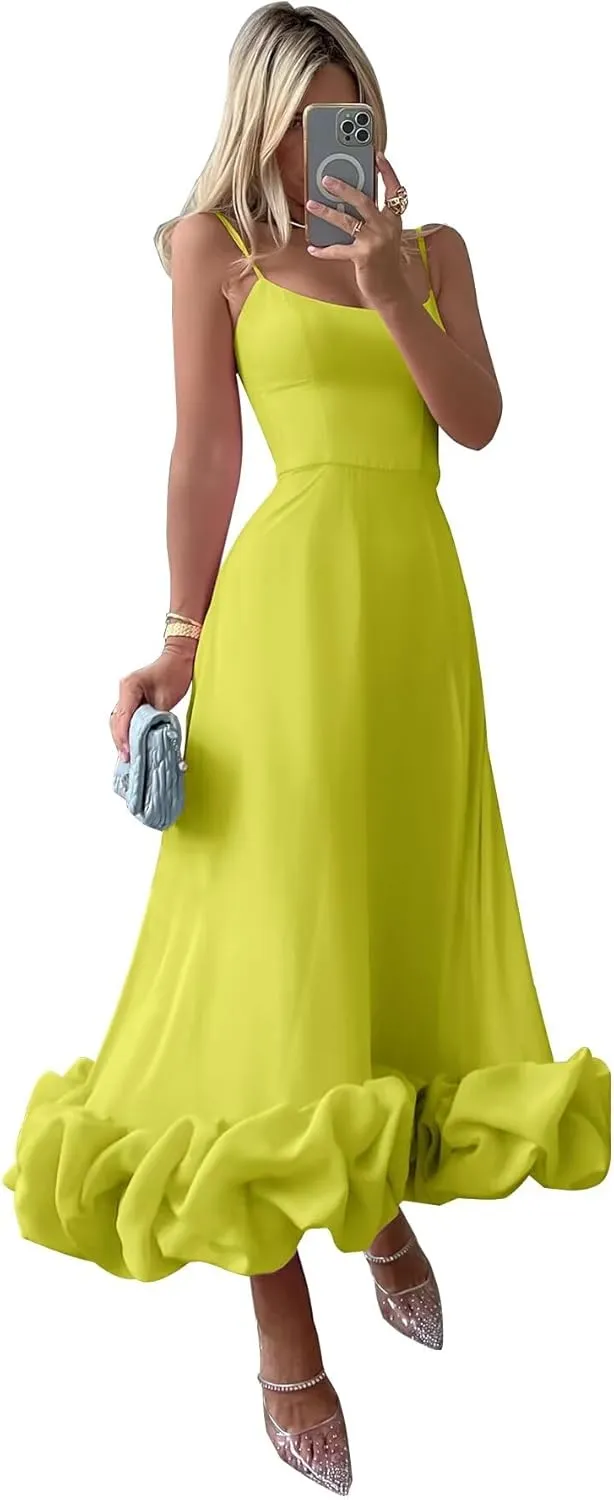 Women's Midi Prom Dresses Flounce Bustier Trim Ruffle Formal Evening Party Dress Tea Length 2025