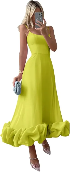 Women's Midi Prom Dresses Flounce Bustier Trim Ruffle Formal Evening Party Dress Tea Length 2025