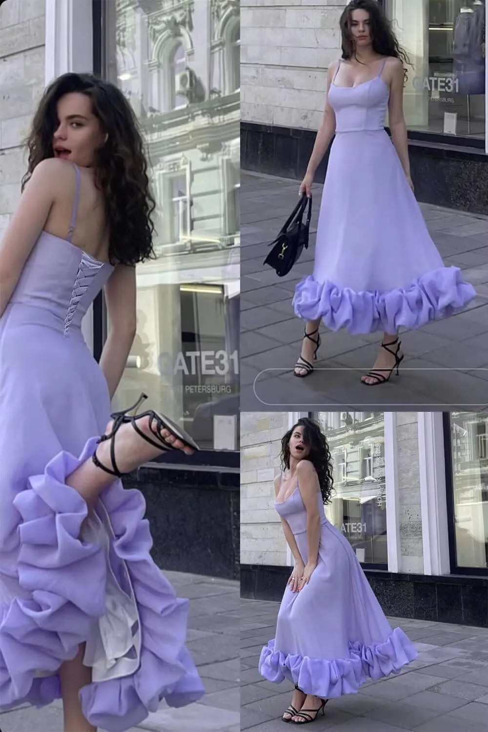 Women's Midi Prom Dresses Flounce Bustier Trim Ruffle Formal Evening Party Dress Tea Length 2025