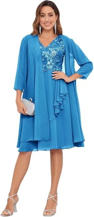 Women's Mother of The Bride Dresses for Wedding with Jacket 2 Piece Lace Chiffon 3/4 Sleeve Formal Evening Gown