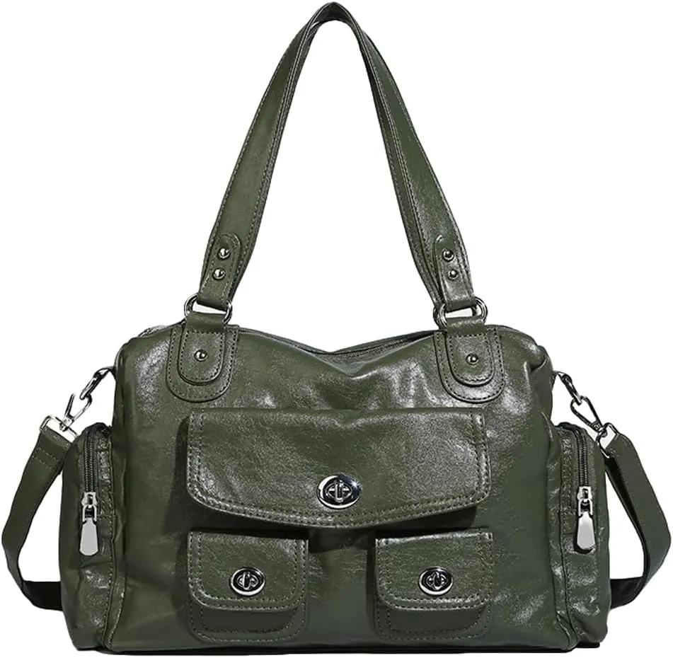 Womens Multi Pocket Shoulder Bag Large Y2k Rivet Tote Crossbody Purse Top Handle Satchels Vegan Leather Handbags