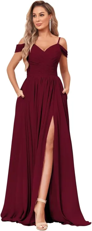Women's Off Shoulder Bridesmaid Dress with Slit Chiffon Pleated Long Formal Dress with Pockets