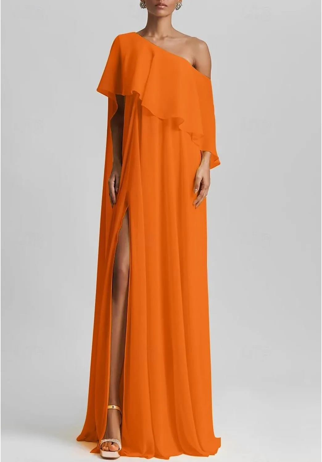 Women's One Shoulder Ruffles Bridesmaid Dresses for Wedding Side Split Beach Maxi Formal Dress