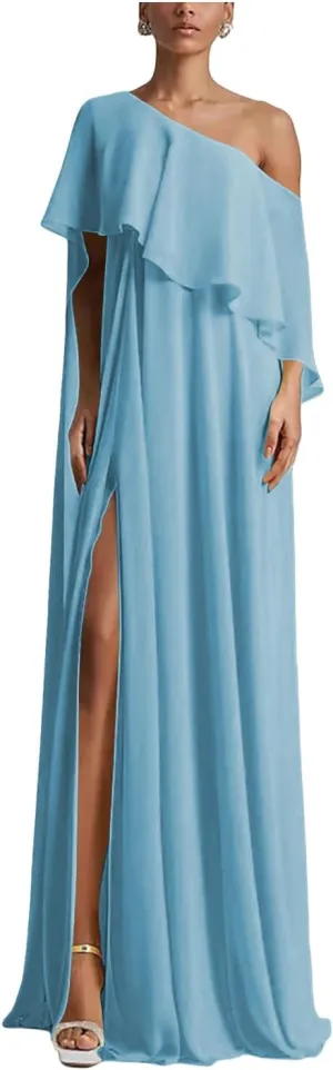 Women's One Shoulder Ruffles Bridesmaid Dresses for Wedding Side Split Beach Maxi Formal Dress