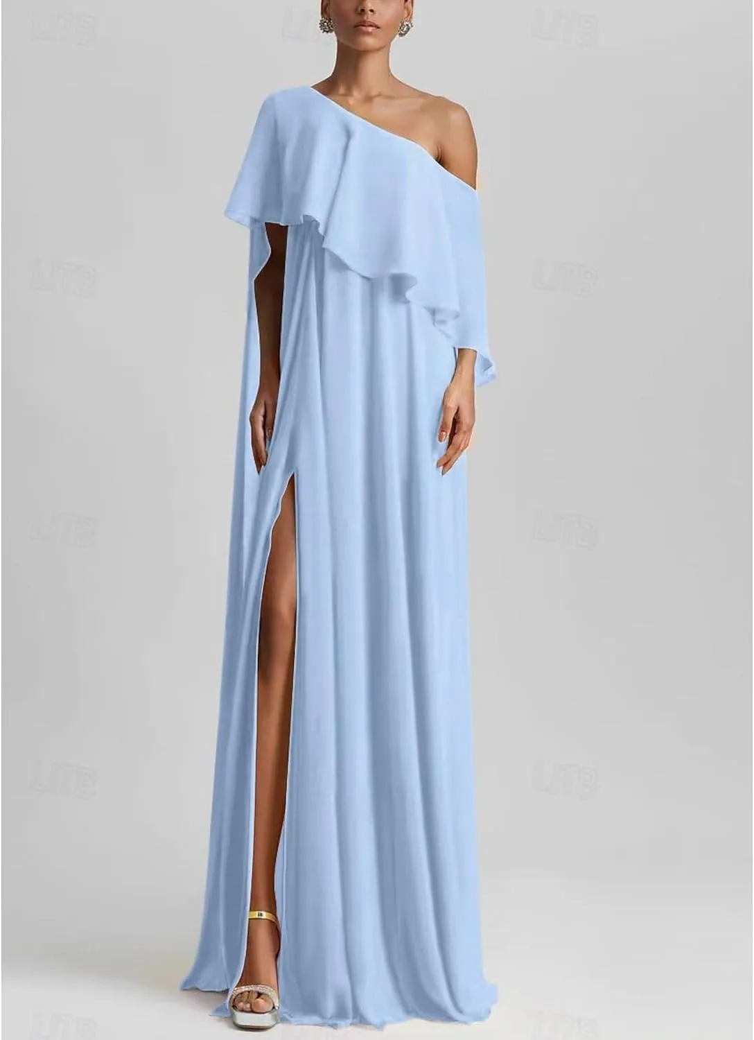 Women's One Shoulder Ruffles Bridesmaid Dresses for Wedding Side Split Beach Maxi Formal Dress