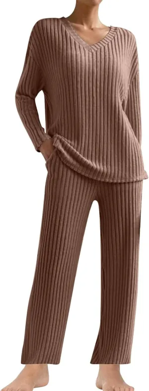 Women's Pajama Sets Long Sleeve 2 Piece Lounge Set Ribbed Knit Sweater Sleepwear Solid Color Loungewear Outfits