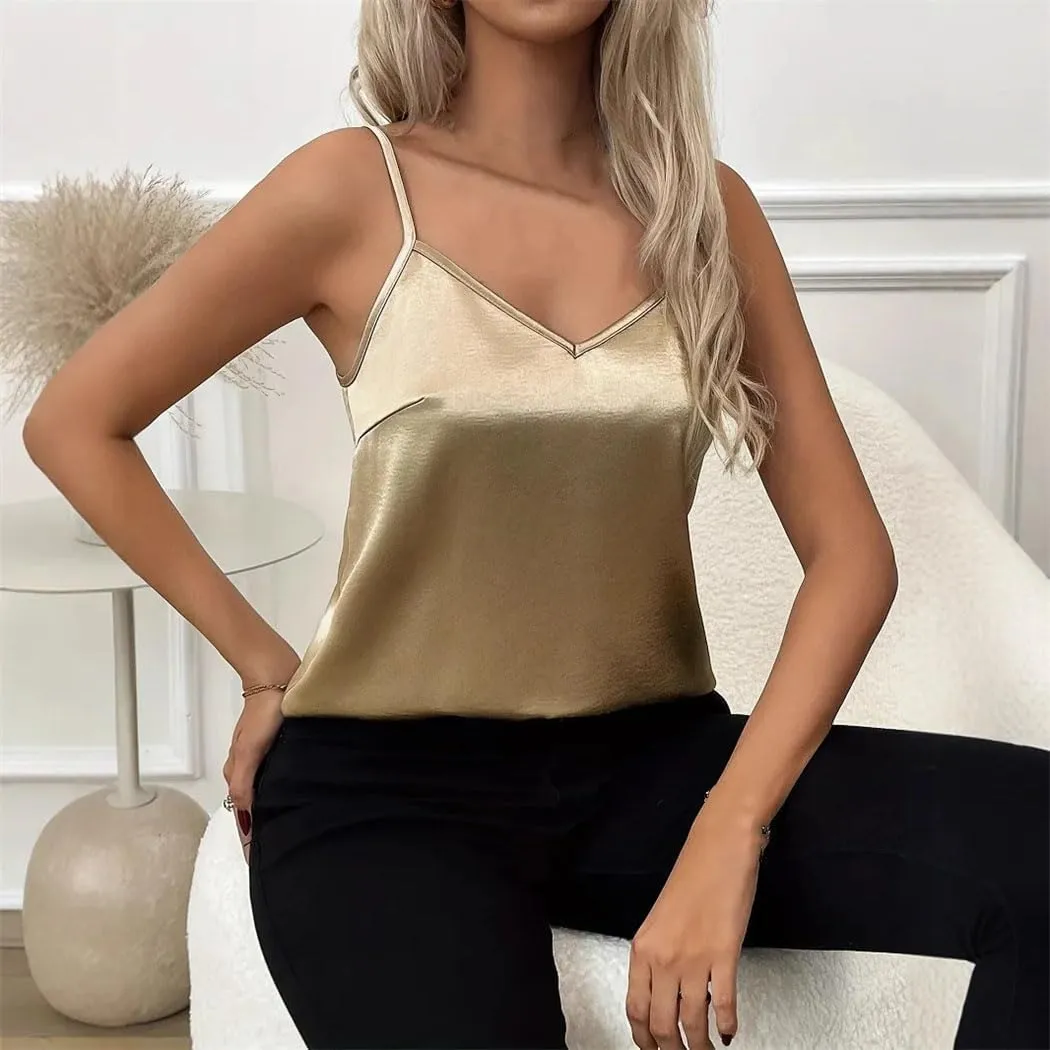Women's Satin Camisole Top Elegant Sleeveless Blouse Loose Fit Summer Tank In Solid Colors