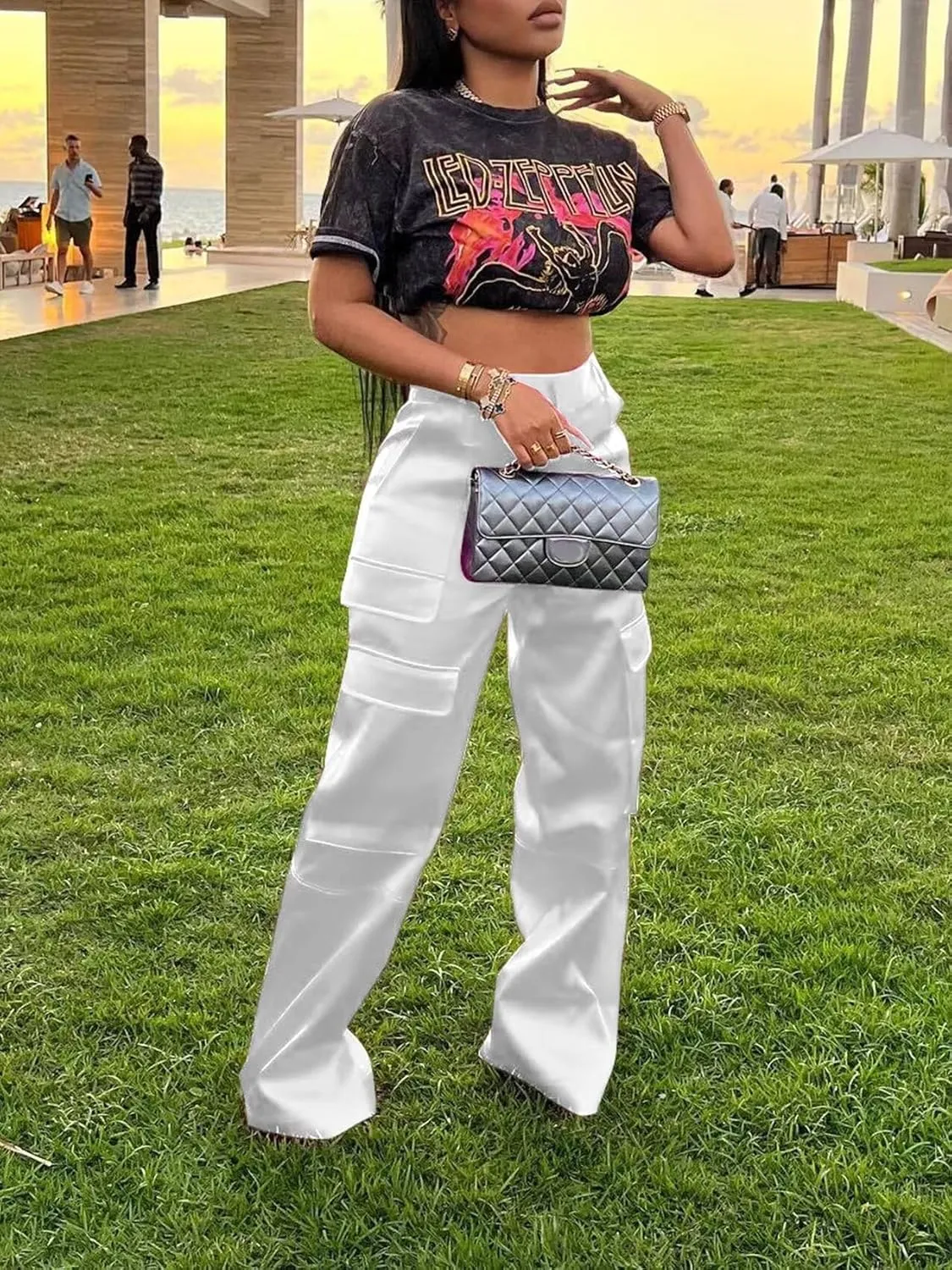 Women's Shiny Satin Cargo Pants Silky Metallic Extra Long Casual Trousers with Multi Pockets