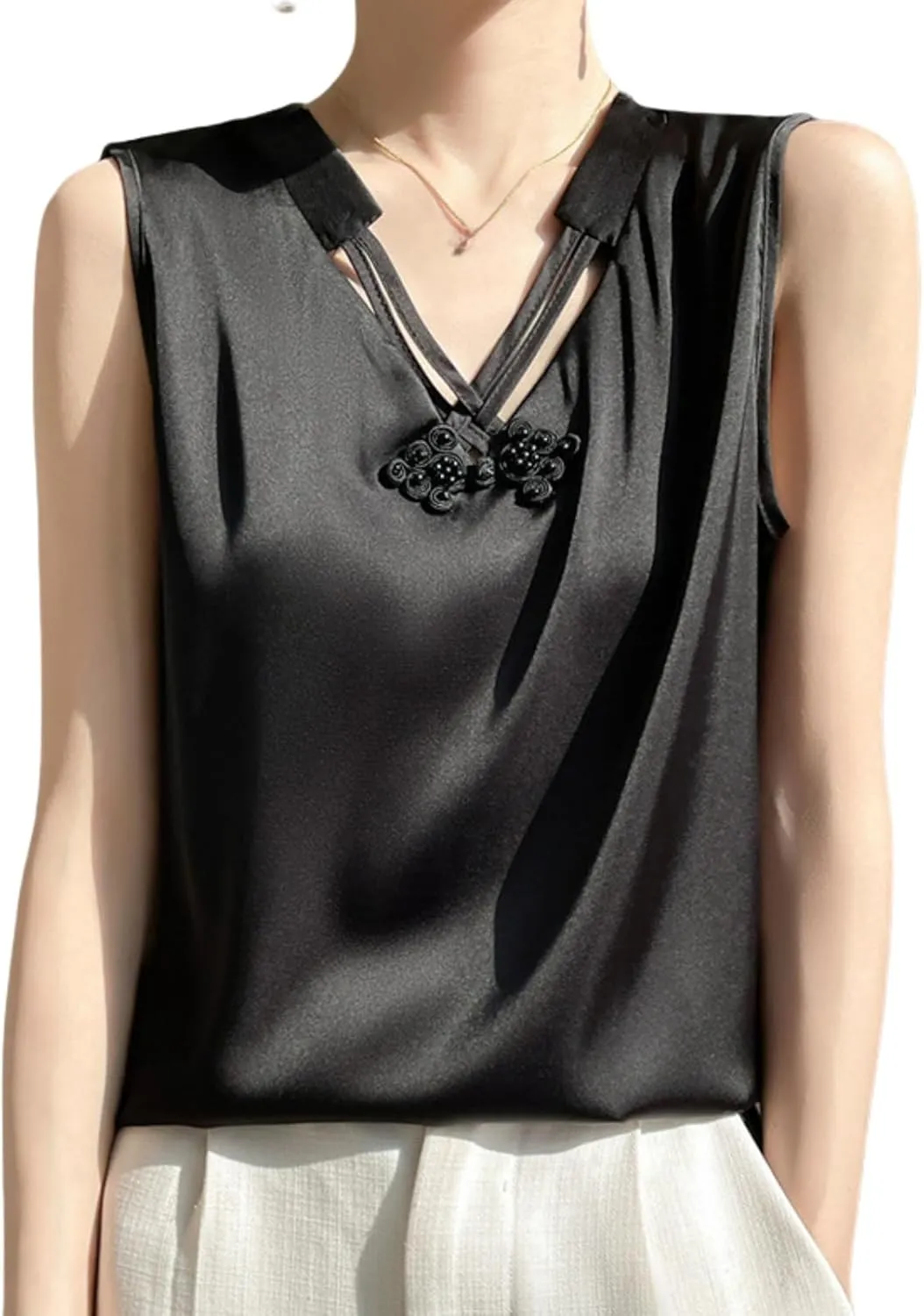 Women's Silk Satin Camisole Top,V-Neck Cut-Out Sleeveless Blouse,Loose Fit Beach Vacation Outfits,S-3XL