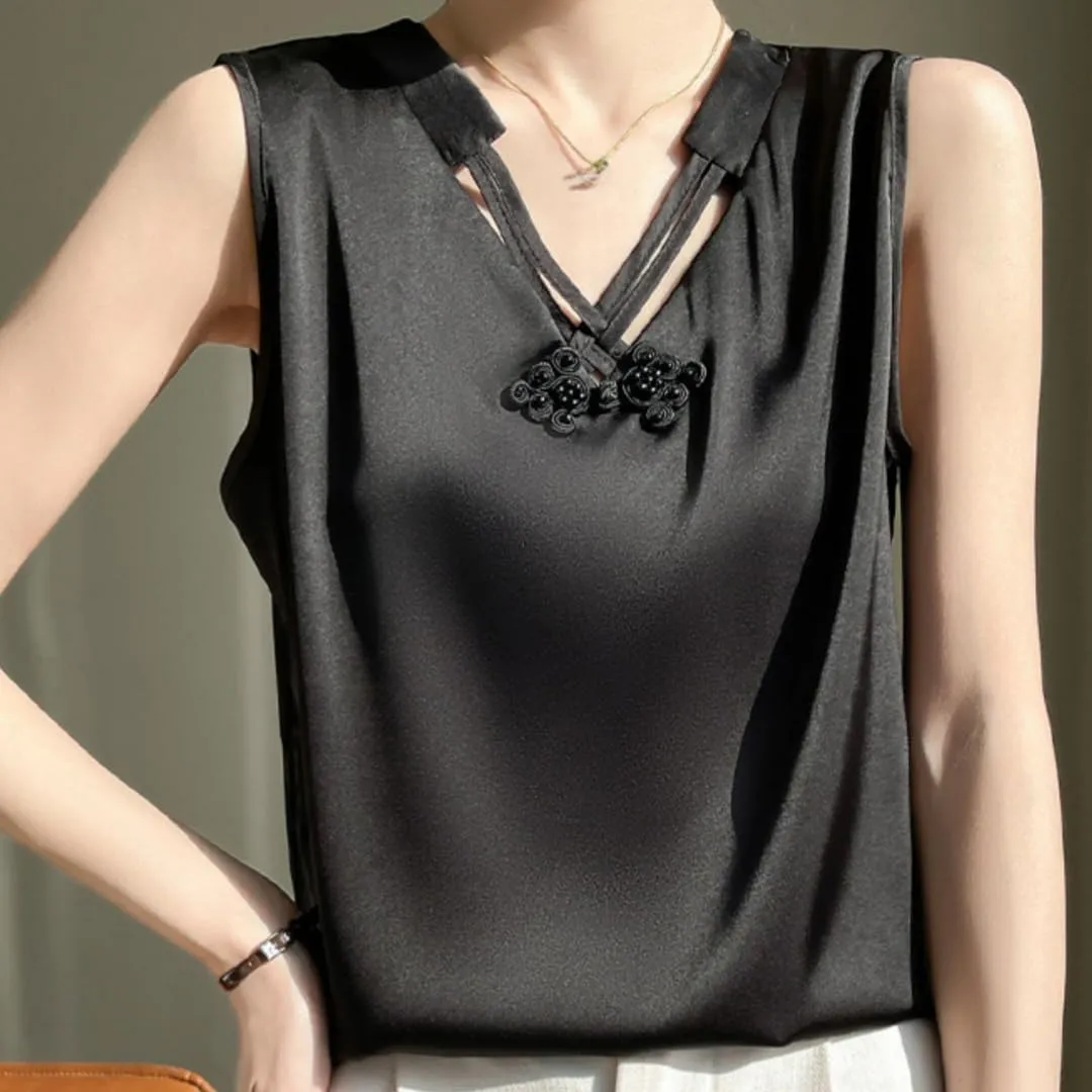 Women's Silk Satin Camisole Top,V-Neck Cut-Out Sleeveless Blouse,Loose Fit Beach Vacation Outfits,S-3XL