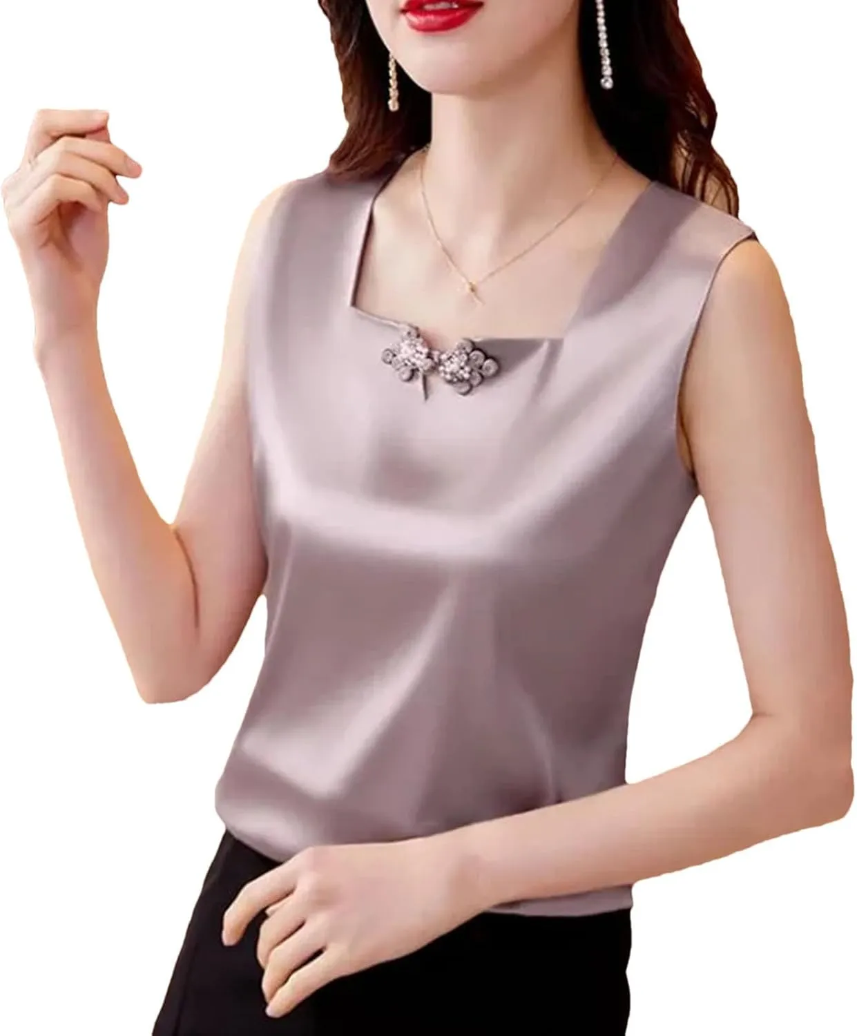 Women's Silk Satin Tank Tops Summer Square Neck Button Sleeveless Camisole Fashion Casual Vest