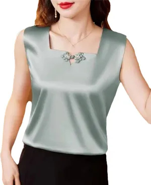 Women's Silk Satin Tank Tops Summer Square Neck Button Sleeveless Camisole Fashion Casual Vest