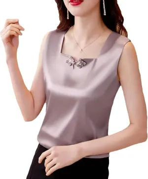 Women's Silk Satin Tank Tops Summer Square Neck Button Sleeveless Camisole Fashion Casual Vest