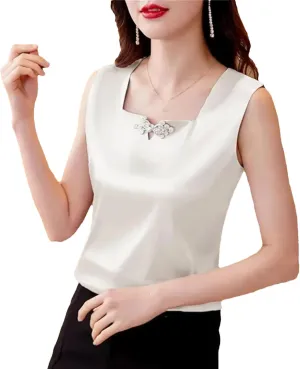 Women's Silk Satin Tank Tops Summer Square Neck Button Sleeveless Camisole Fashion Casual Vest