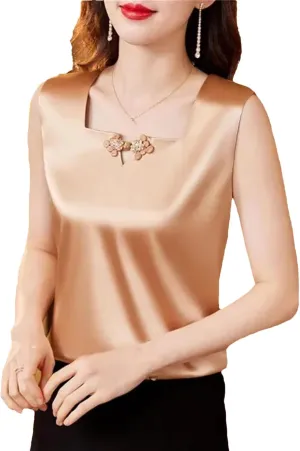 Women's Silk Satin Tank Tops Summer Square Neck Button Sleeveless Camisole Fashion Casual Vest