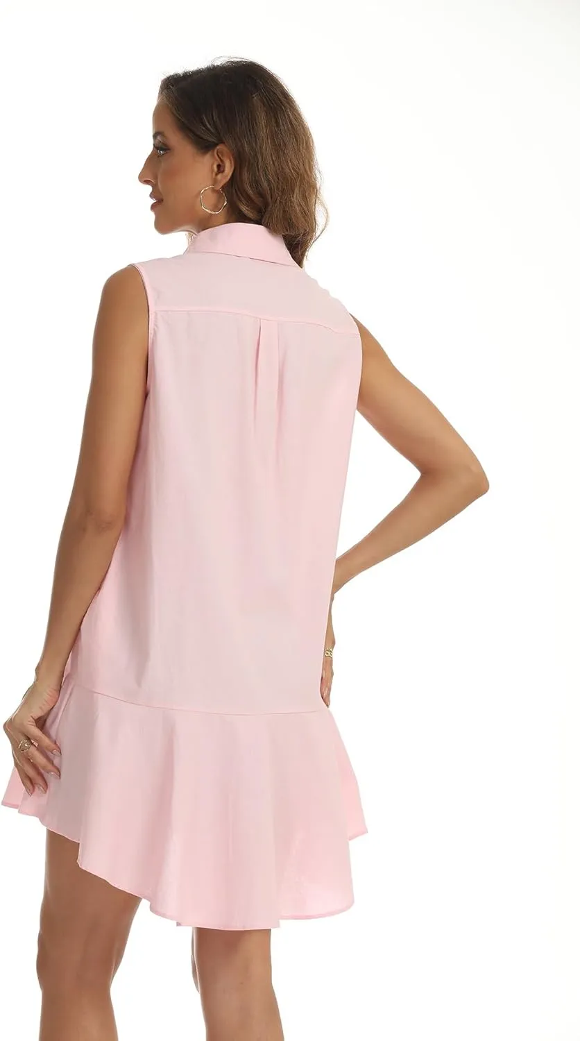 Womens Sleeveless Tunic Shirt Dresses Casual Button Up Dress Ruffle Hem Swing Shift Short Mini Dresses