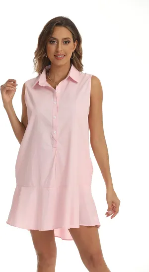 Womens Sleeveless Tunic Shirt Dresses Casual Button Up Dress Ruffle Hem Swing Shift Short Mini Dresses