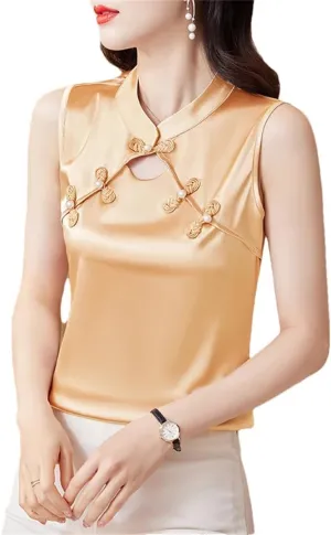 Women's Summer Camisole Vest Silk Satin Tank Tops Sleeveless Hollow Out Shirt