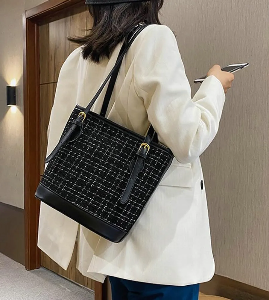 Womens Trendy Bucket Tote Bags Large Gird Shoulder Purses Handbags Ladies Top Handle Satchels with Adjustable Strap
