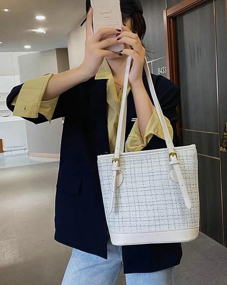 Womens Trendy Bucket Tote Bags Large Gird Shoulder Purses Handbags Ladies Top Handle Satchels with Adjustable Strap
