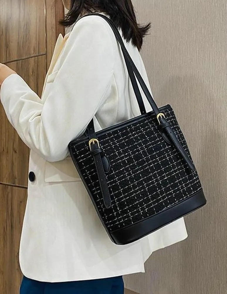 Womens Trendy Bucket Tote Bags Large Gird Shoulder Purses Handbags Ladies Top Handle Satchels with Adjustable Strap