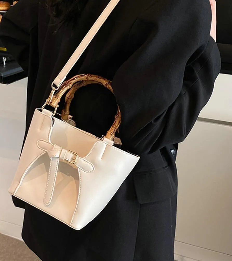 Womens Trendy Vegan Leather Bucket Crossbody Bag Small Tote Handbag with Bamboo Handle Satchels Shoulder Purse 2025