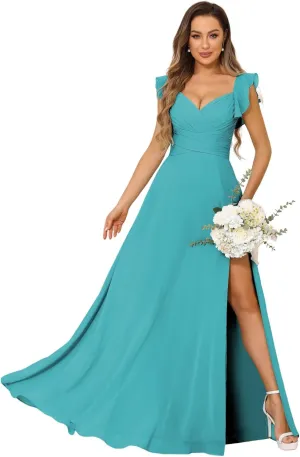 Women's V Neck Bridesmaid Dresses Long with Slit Ruffle Sleeves A Line Chiffon Formal Evening Dress with Pockets VS039