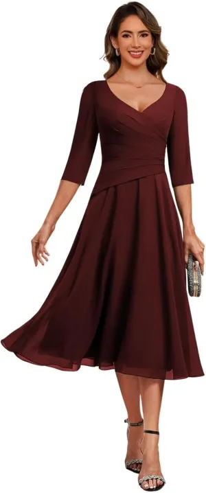Women's V Neck Chiffon Mother of The Bride Dresses 2025 Ruffle Fuched Formal Evening Gown DE215
