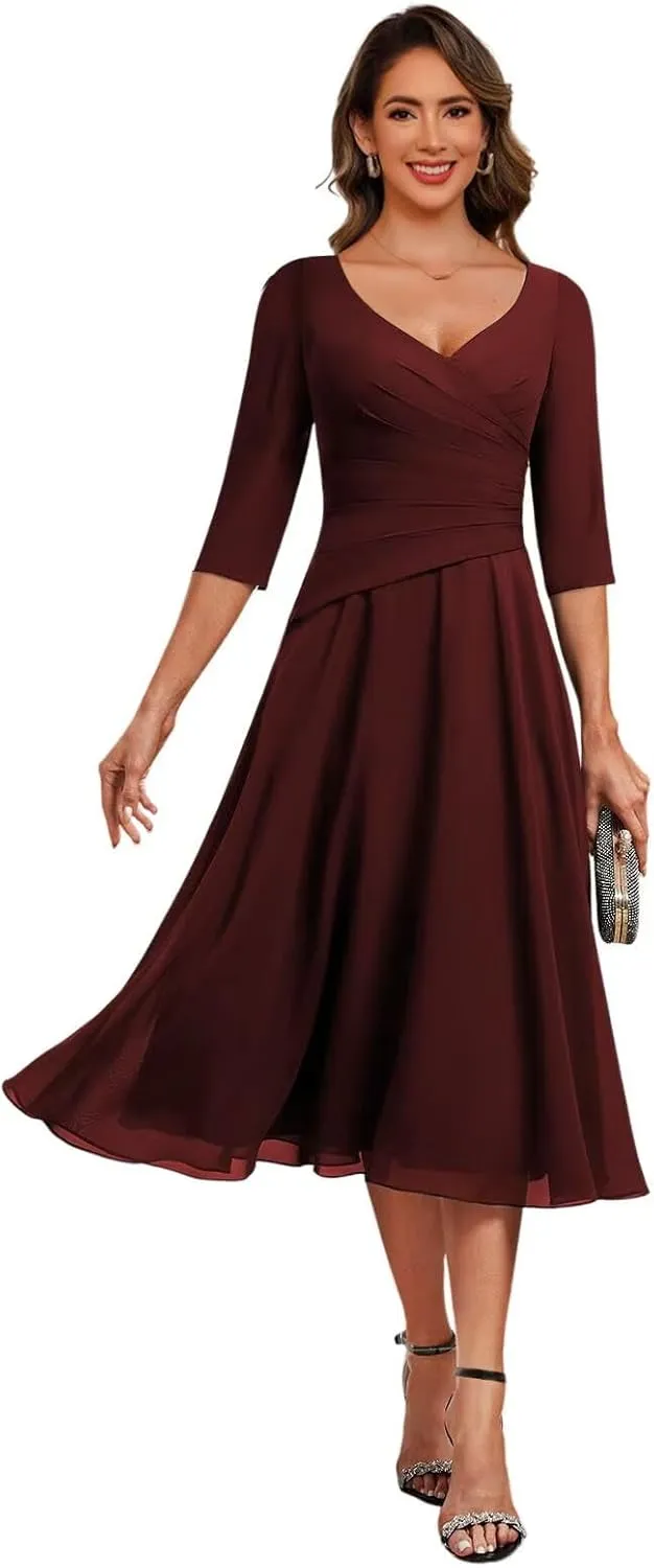 Women's V Neck Chiffon Mother of The Bride Dresses 2025 Ruffle Fuched Formal Evening Gown DE215