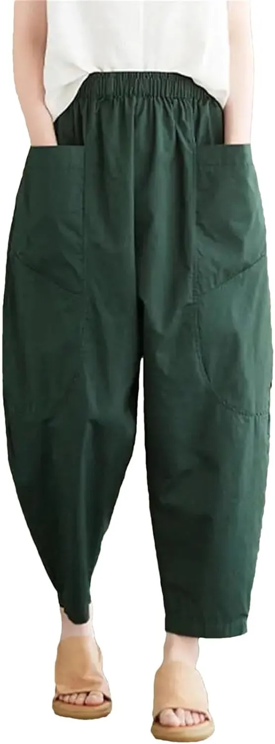 Womens Vintage High Waist Harem Pants Loose Casual Elastic Waisted Beach Trousers with Pockets