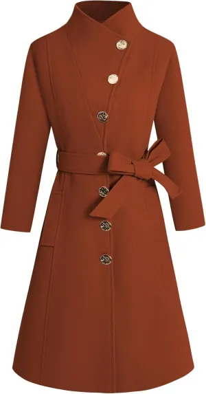 Womens Wool Trench Coat Winter Long Pea Coats Single Breasted Lapel Belted Peacoat with Pockets(Caramel-M)