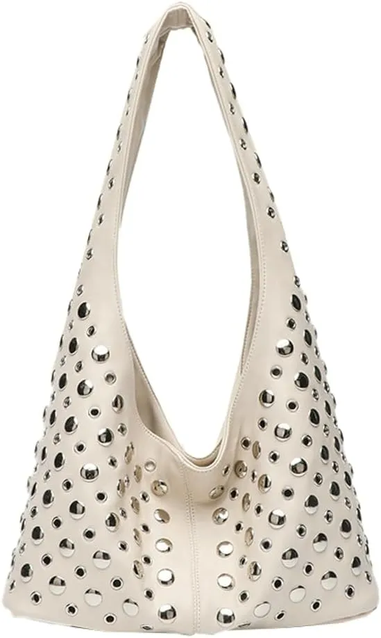 Y2k 90s Studded Hobo Bags Women PU Leather Crescent Crossbody Purse Trendy Shoulder Satchels Punk Underarm Tote Handbag