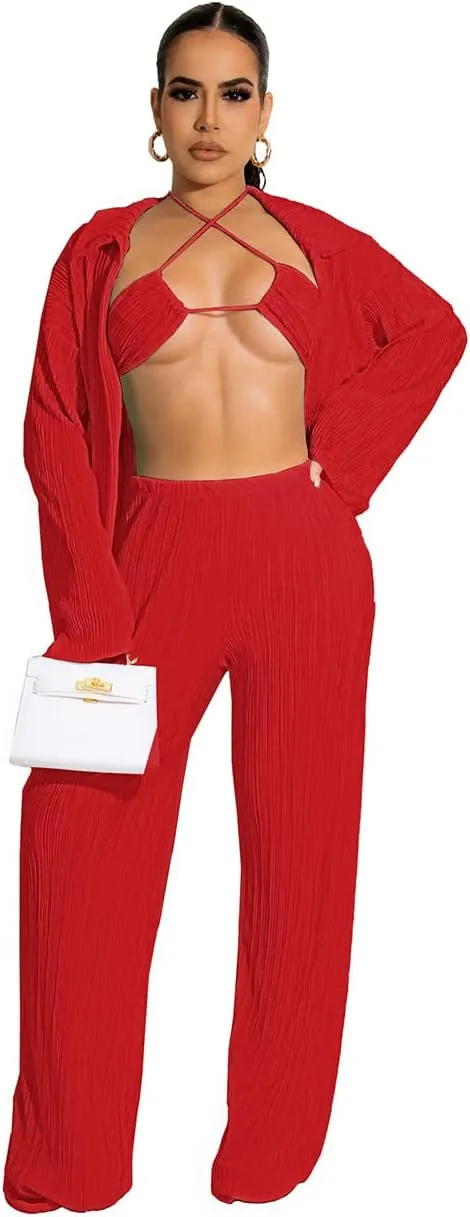 Yeshire Women's Sexy 3 Piece Outfits Long Sleeve Pleated Shirts and Bra   Loose Pants Set Loungewear