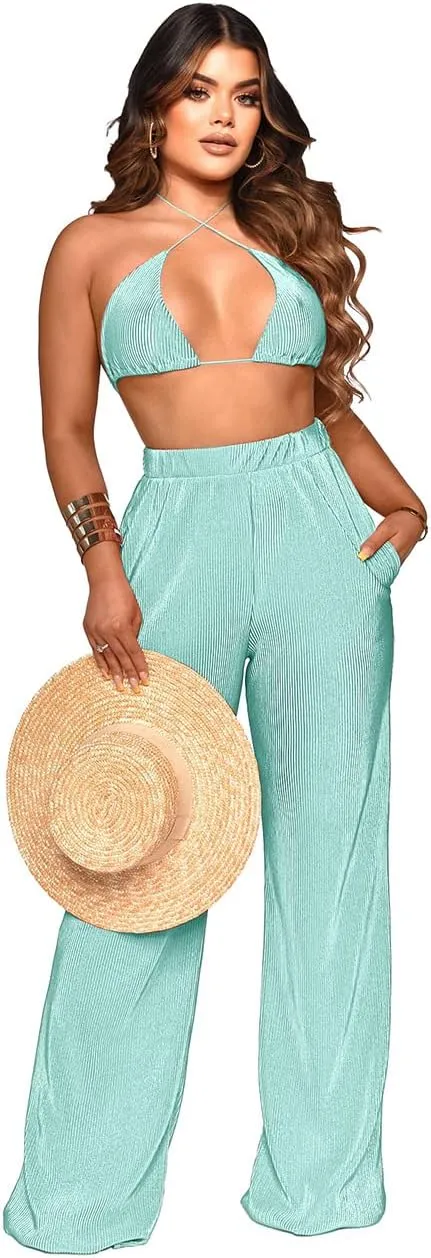 Yeshire Women's Sexy 3 Piece Outfits Long Sleeve Pleated Shirts and Bra   Loose Pants Set Loungewear