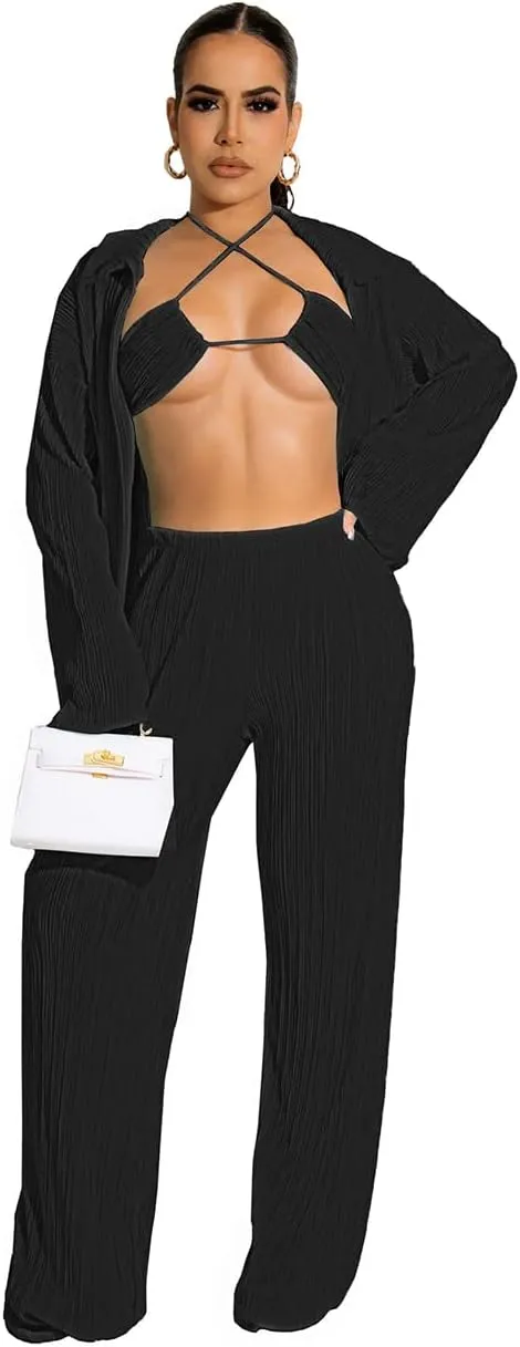 Yeshire Women's Sexy 3 Piece Outfits Long Sleeve Pleated Shirts and Bra   Loose Pants Set Loungewear