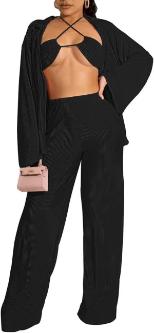 Yeshire Women's Sexy 3 Piece Outfits Long Sleeve Pleated Shirts and Bra   Loose Pants Set Loungewear