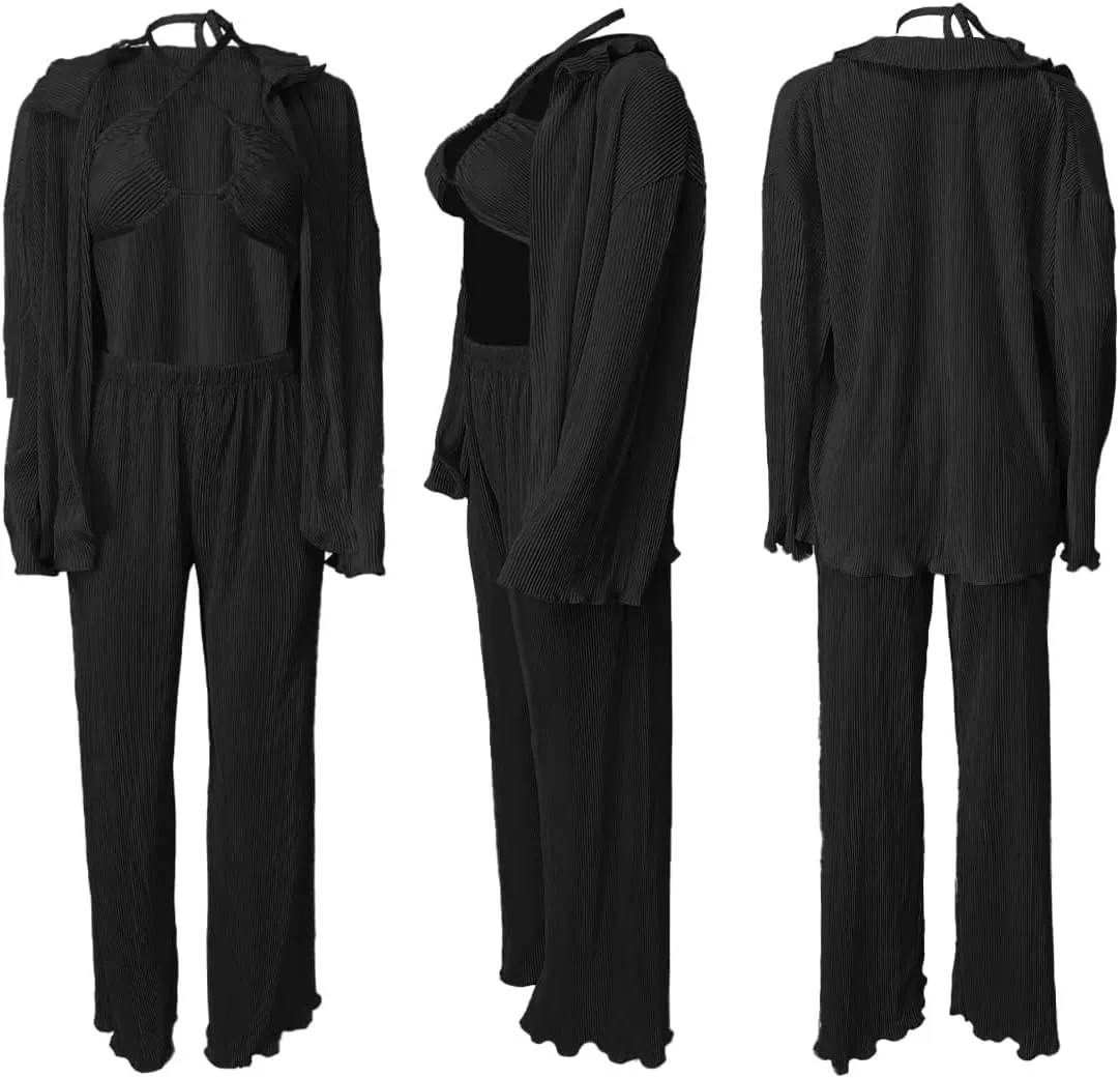 Yeshire Women's Sexy 3 Piece Outfits Long Sleeve Pleated Shirts and Bra   Loose Pants Set Loungewear
