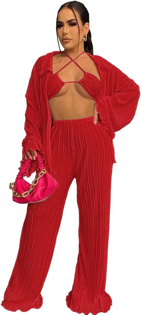 Yeshire Women's Sexy 3 Piece Outfits Long Sleeve Pleated Shirts and Bra   Loose Pants Set Loungewear