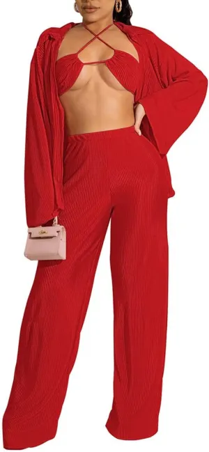 Yeshire Women's Sexy 3 Piece Outfits Long Sleeve Pleated Shirts and Bra   Loose Pants Set Loungewear