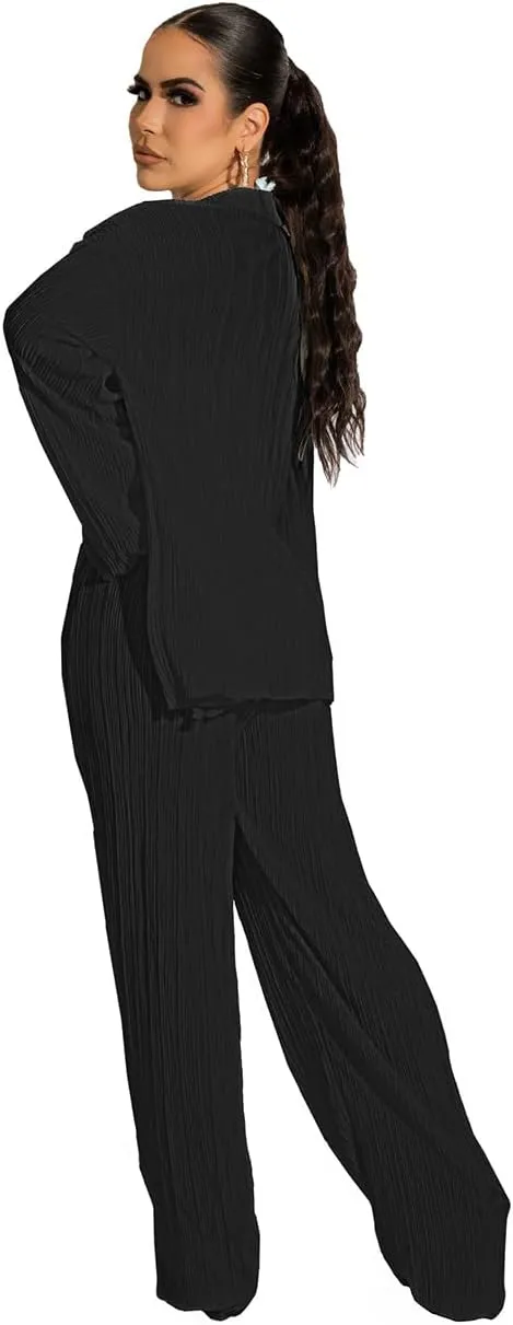 Yeshire Women's Sexy 3 Piece Outfits Long Sleeve Pleated Shirts and Bra   Loose Pants Set Loungewear