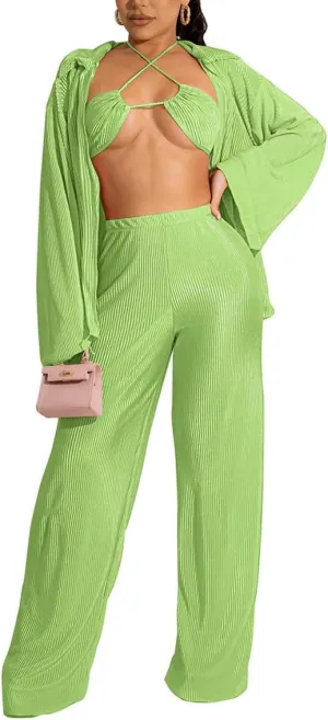 Yeshire Women's Sexy 3 Piece Outfits Long Sleeve Pleated Shirts and Bra   Loose Pants Set Loungewear