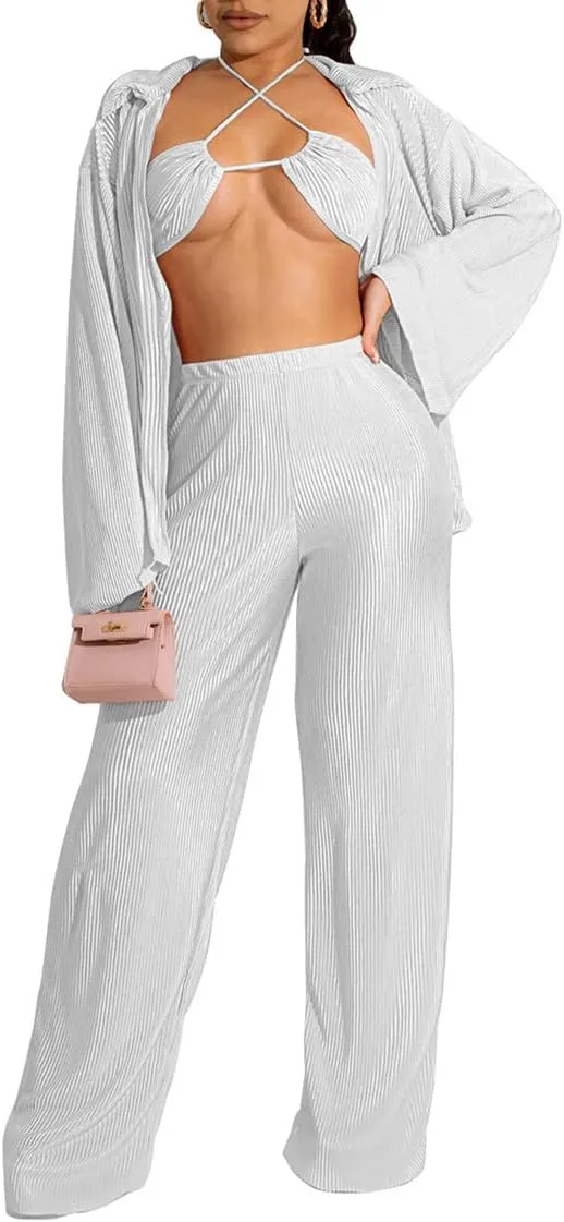 Yeshire Women's Sexy 3 Piece Outfits Long Sleeve Pleated Shirts and Bra   Loose Pants Set Loungewear