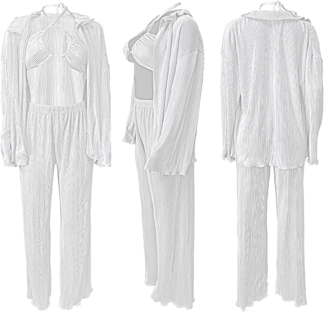 Yeshire Women's Sexy 3 Piece Outfits Long Sleeve Pleated Shirts and Bra   Loose Pants Set Loungewear