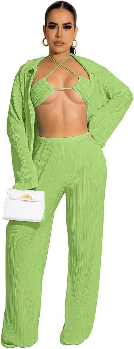 Yeshire Women's Sexy 3 Piece Outfits Long Sleeve Pleated Shirts and Bra   Loose Pants Set Loungewear