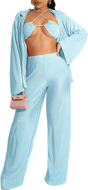 Yeshire Women's Sexy 3 Piece Outfits Long Sleeve Pleated Shirts and Bra   Loose Pants Set Loungewear