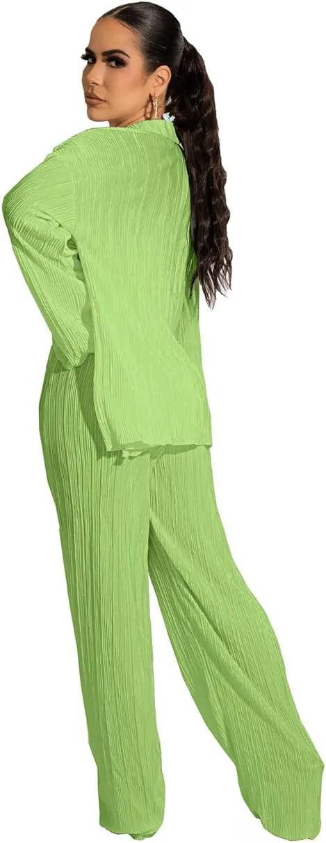 Yeshire Women's Sexy 3 Piece Outfits Long Sleeve Pleated Shirts and Bra   Loose Pants Set Loungewear