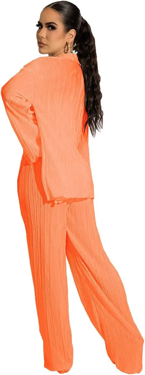 Yeshire Women's Sexy 3 Piece Outfits Long Sleeve Pleated Shirts and Bra   Loose Pants Set Loungewear