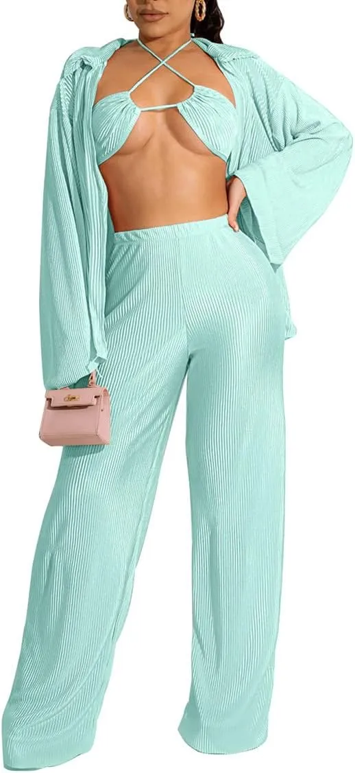 Yeshire Women's Sexy 3 Piece Outfits Long Sleeve Pleated Shirts and Bra   Loose Pants Set Loungewear